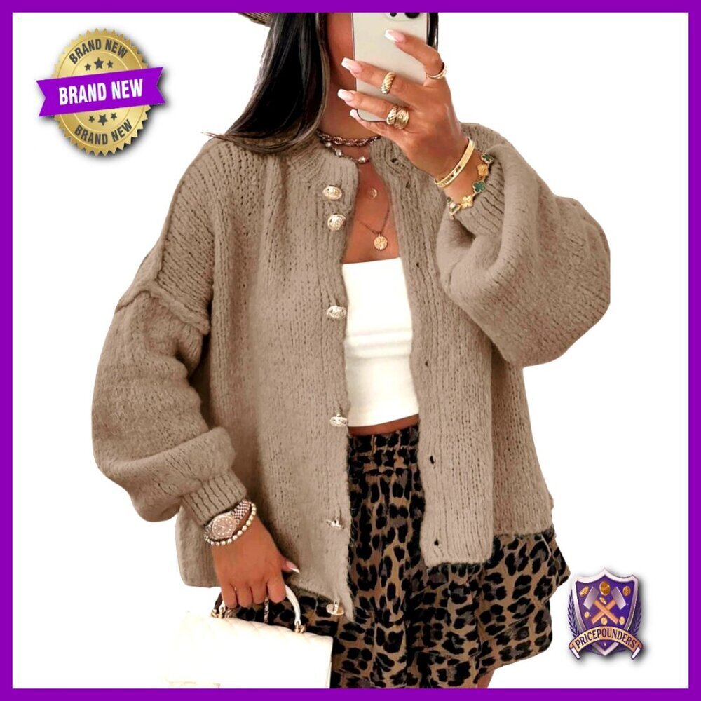 Oversized Knit Cardigan Long Sleeve Button Up Loose Fit Drop Shoulder